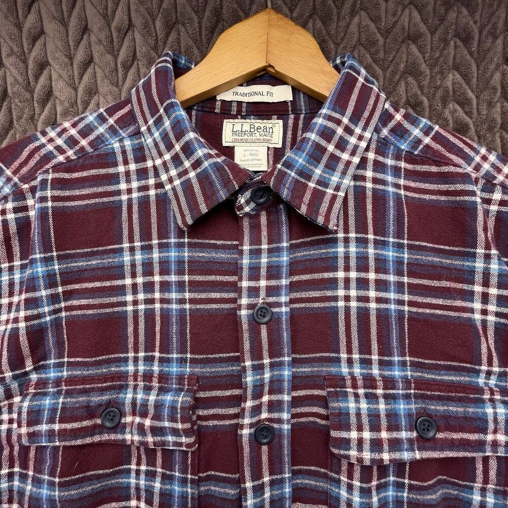 LL Bean Chamois Cloth Shirt Mens Large Maroon Blue Plaid Traditional Fit Flannel